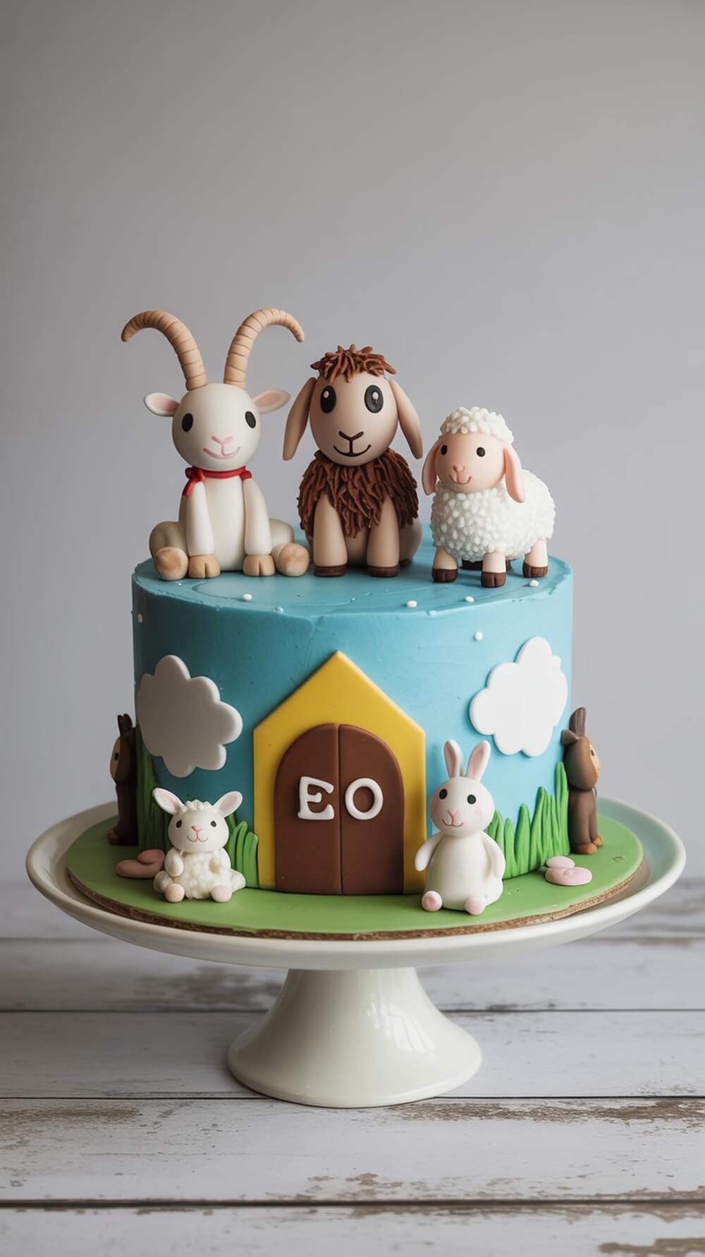 A colorful petting zoo themed cake featuring fondant animals like a goat, sheep, and bunny on a blue frosted cake with a barn door.
