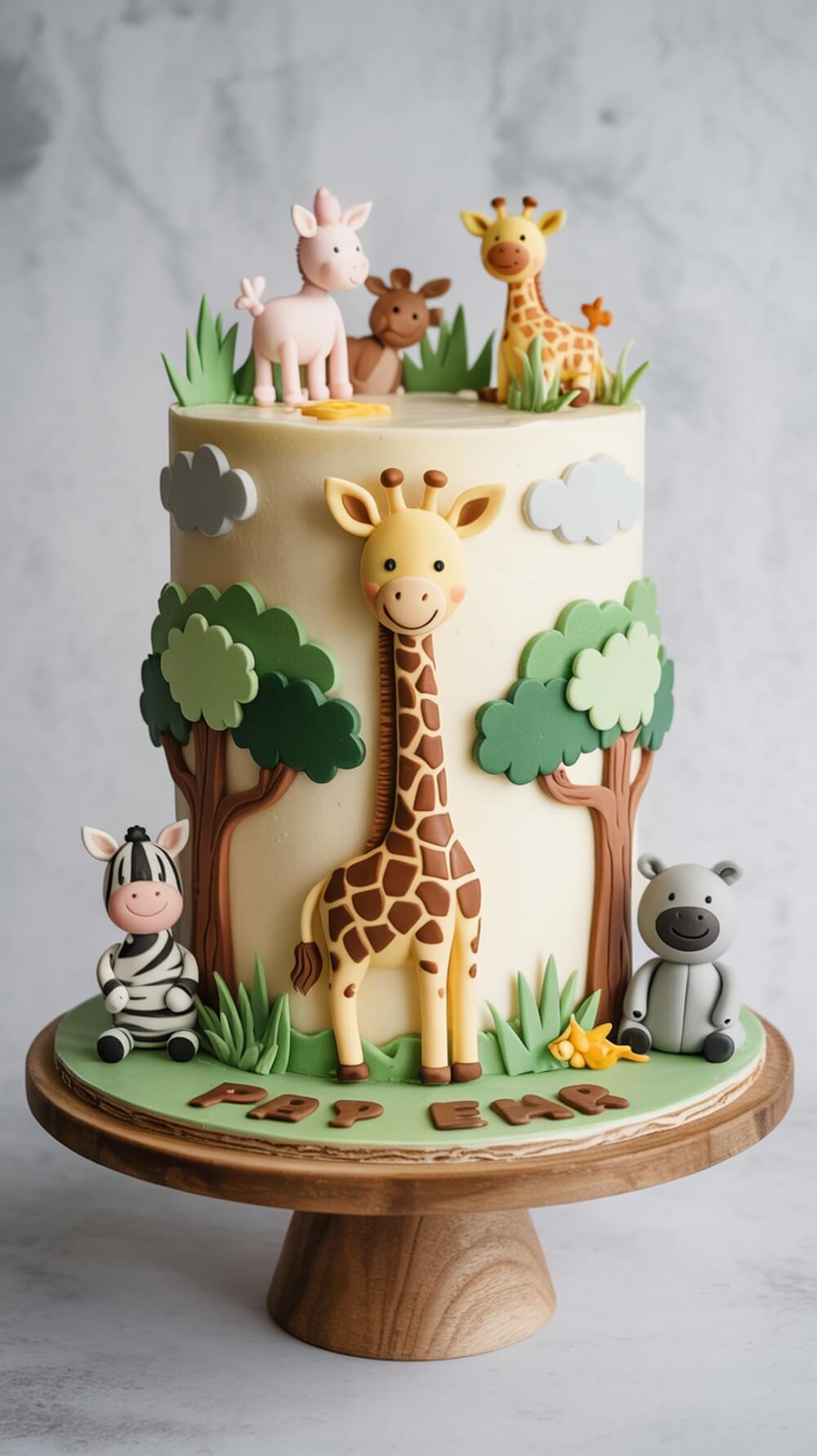 A whimsical baby shower cake featuring a friendly giraffe surrounded by other cute animal figures and greenery.