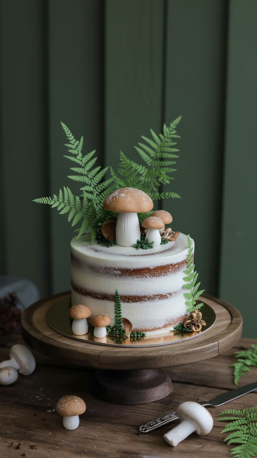 A woodland themed baby shower cake decorated with mushrooms and ferns on a wooden stand.