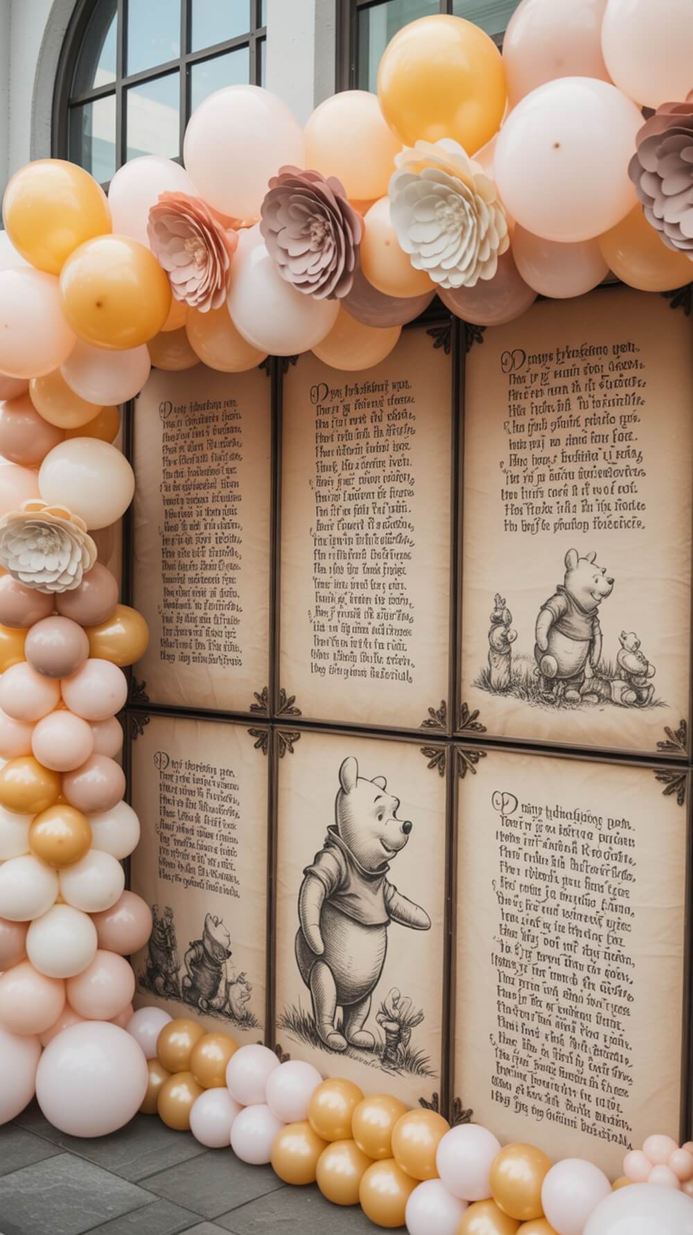 A giant storybook wall display featuring illustrations and text from Winnie the Pooh stories, surrounded by pastel balloons and floral decorations.
