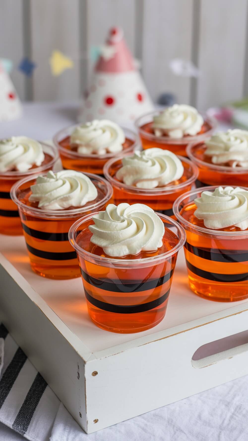 Colorful Tigger's Bouncy Jello Cups with whipped cream on top, set on a white tray.