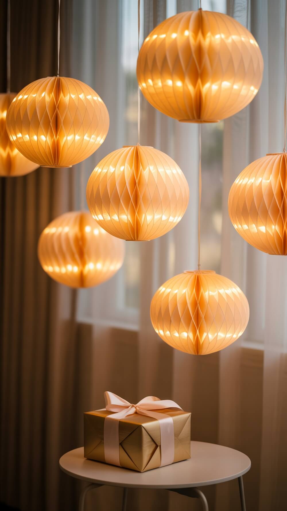 Honeycomb lanterns hanging above a gift table at a baby shower