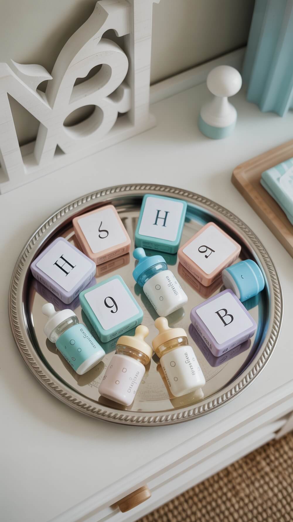 Colorful baby bottles and memory game cards arranged on a silver tray for a baby shower.
