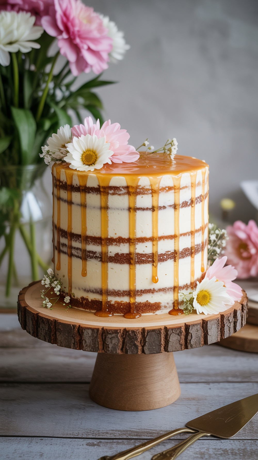 A beautifully decorated honey drip naked cake with flowers on a wooden cake stand.