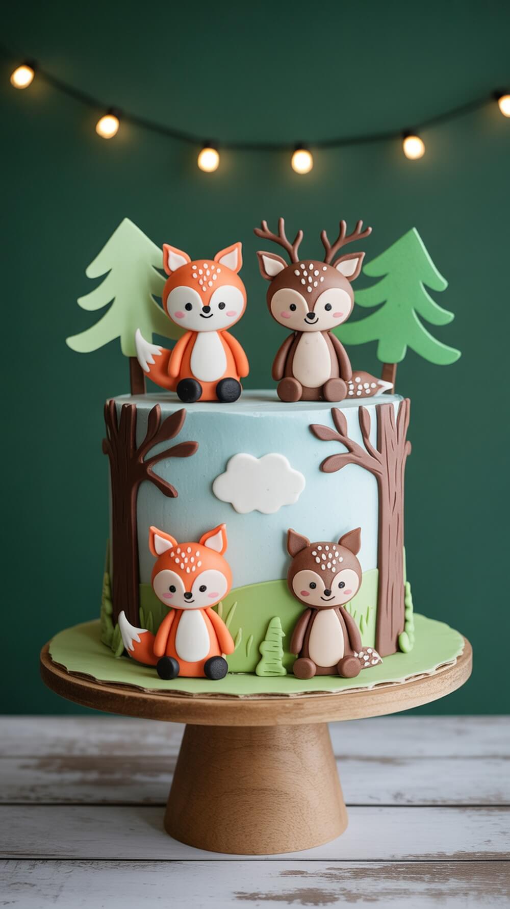 A beautifully decorated cake featuring woodland creatures like foxes and deer, surrounded by trees and grass.