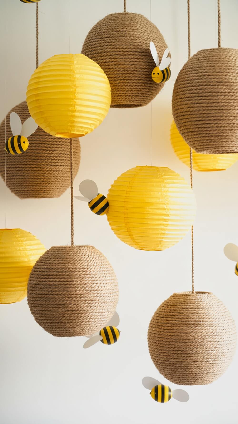 Decorative beehive paper lanterns in yellow and brown, with bee cutouts, hanging from a ceiling.