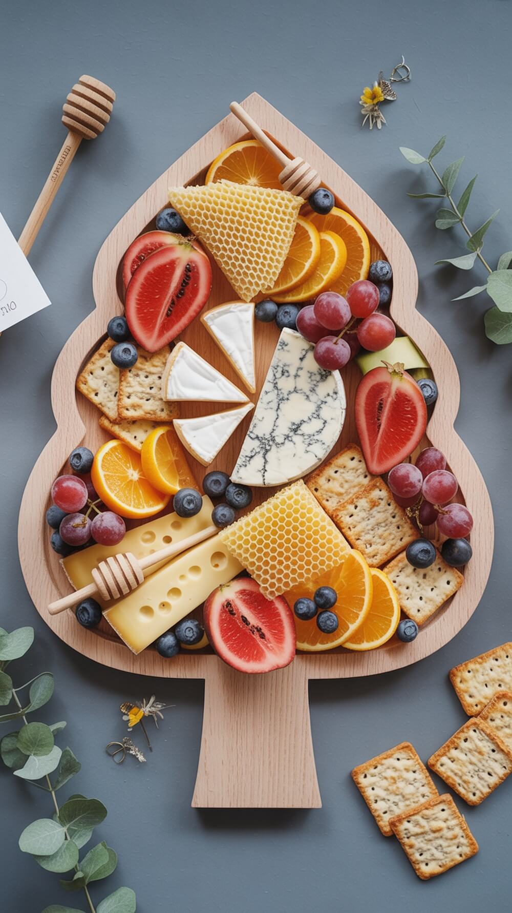 A beautifully arranged charcuterie board shaped like a tree, featuring fruits, cheeses, and honey, perfect for a Winnie The Pooh themed baby shower.