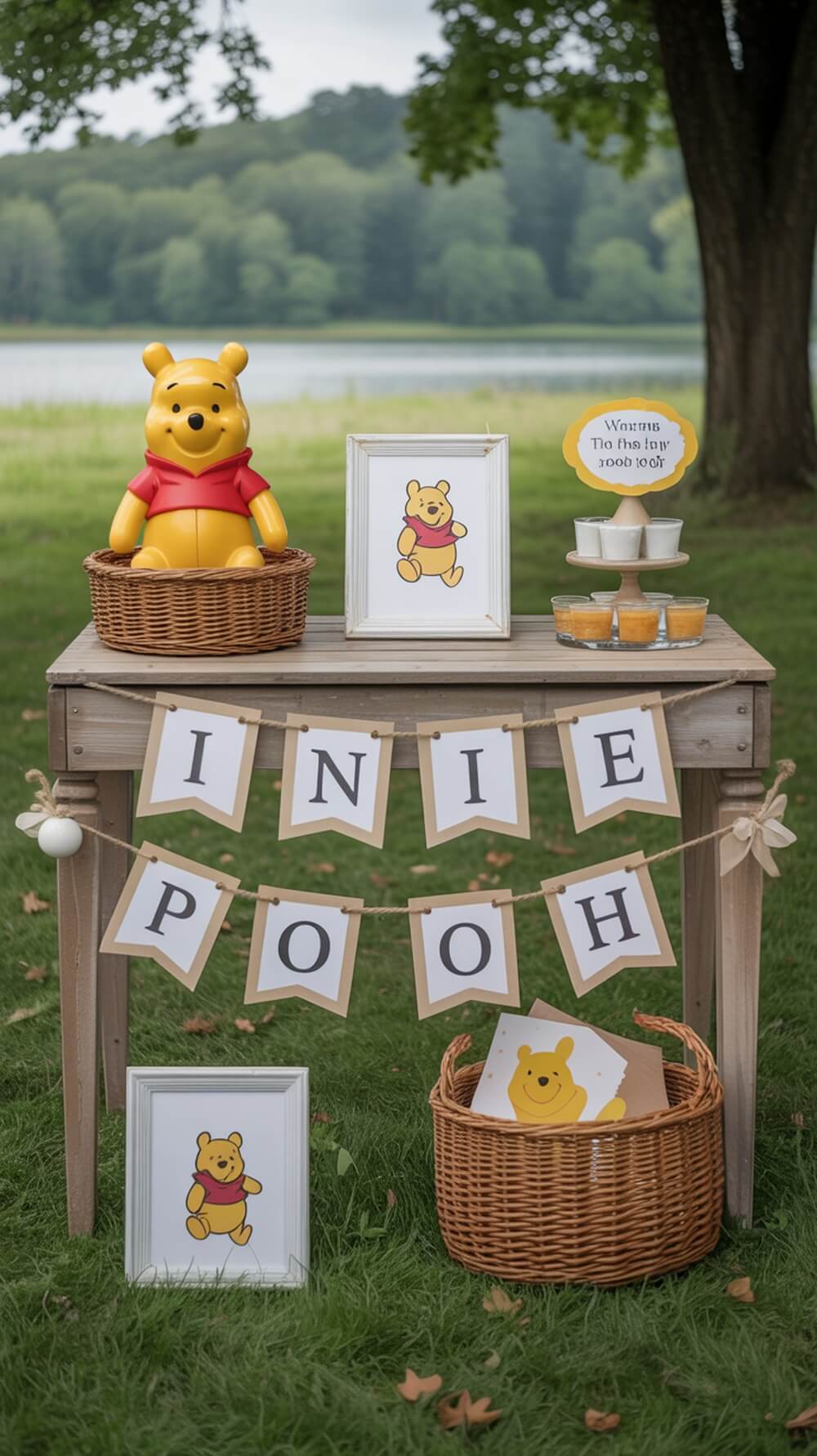 A table decorated with Winnie the Pooh themed items for a baby shower, featuring a Pooh figure, framed pictures, and a playful banner.