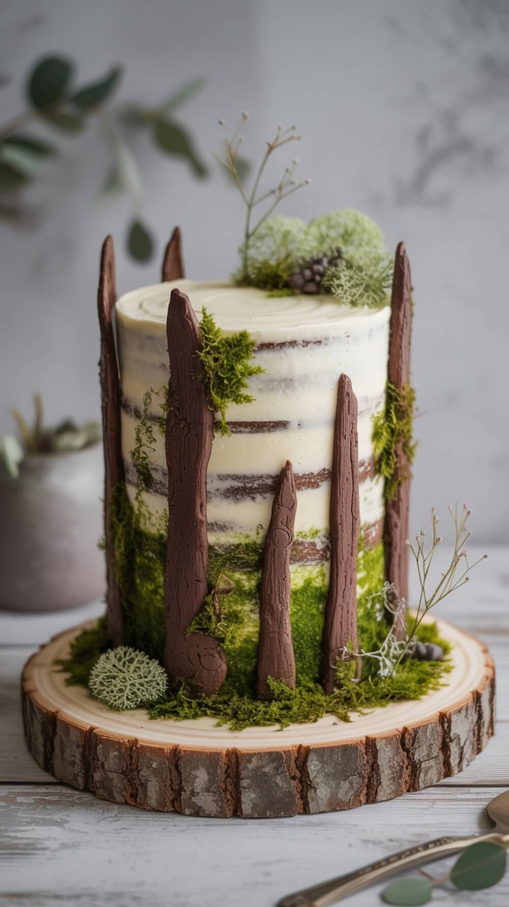 A woodland themed baby shower cake decorated with edible moss and lichen, featuring a rustic design with chocolate bark and a wooden base.