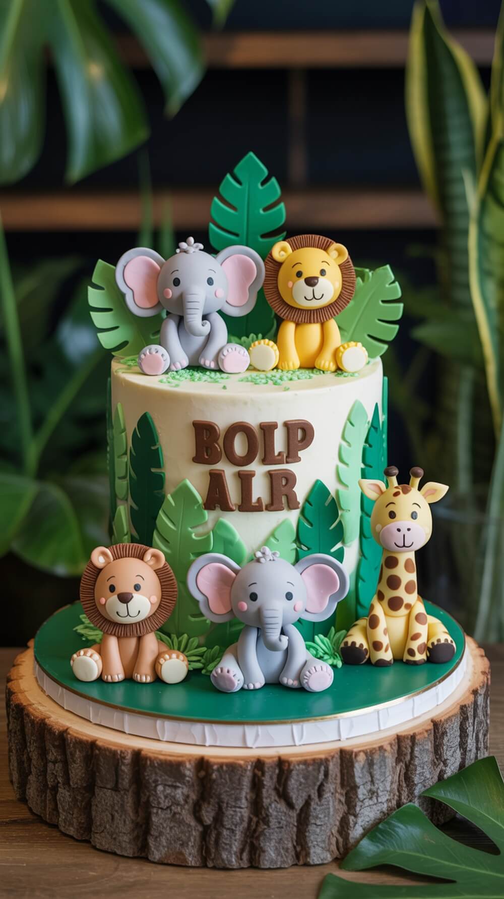 A colorful jungle safari cake featuring cute animal figures like an elephant, lion, and giraffe, surrounded by green leaves.