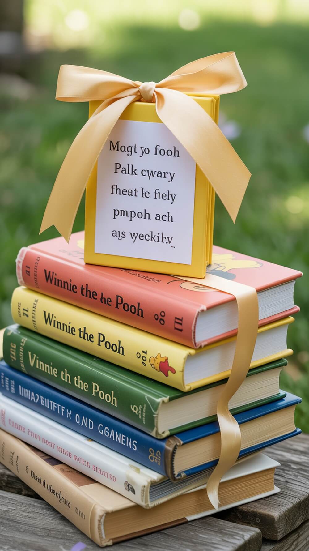 A stack of colorful mini storybooks tied with a ribbon, perfect for a Winnie the Pooh baby shower favor.