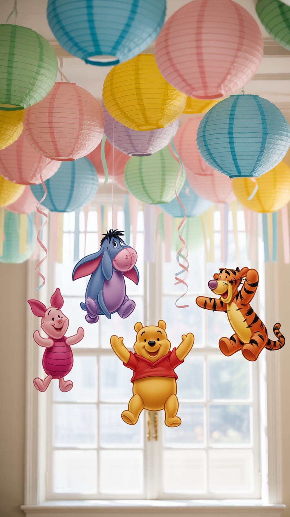 Colorful paper lanterns and Winnie the Pooh character cutouts hanging from the ceiling