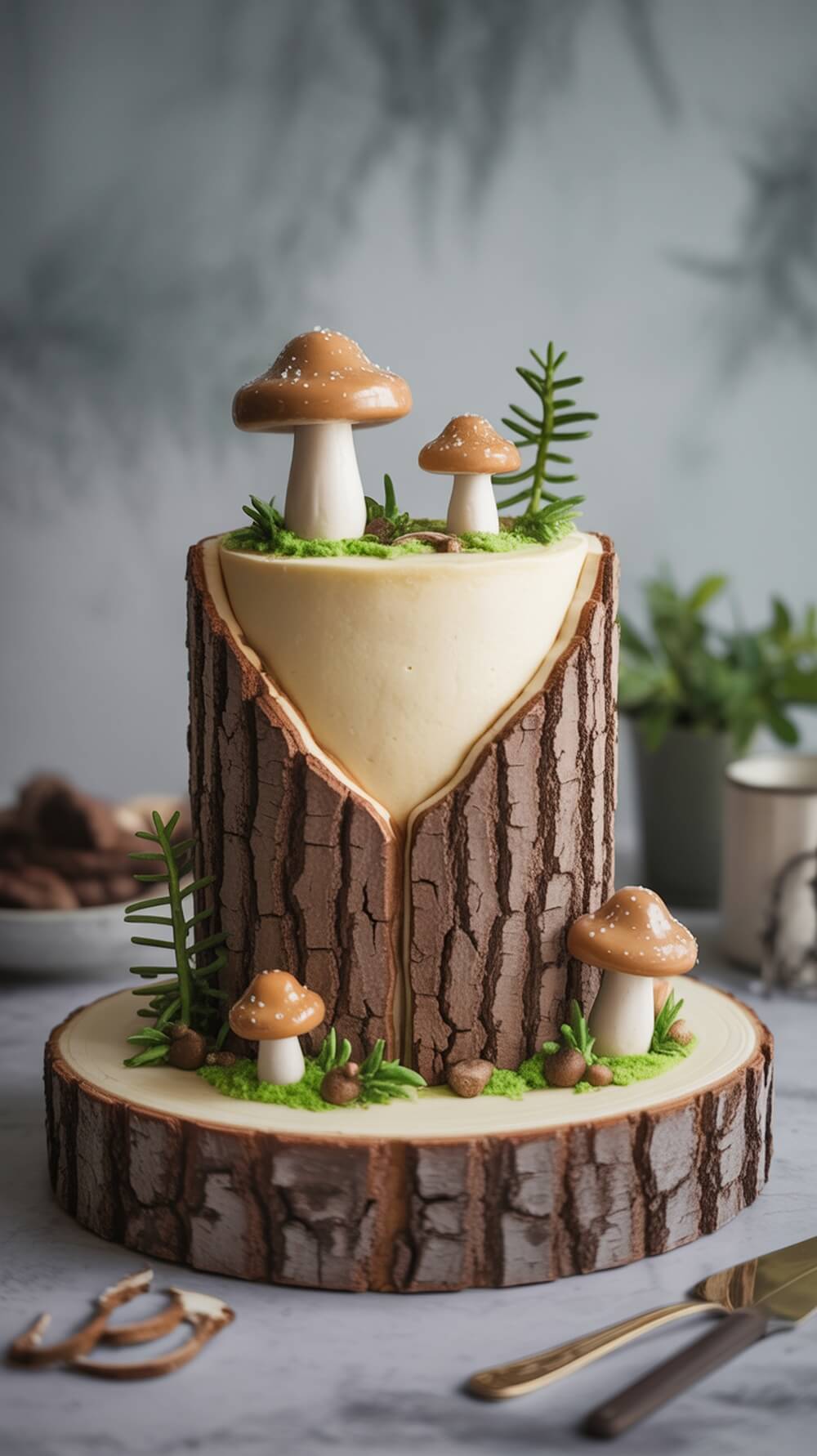 A beautifully designed tree stump cake decorated with edible mushrooms and greenery.
