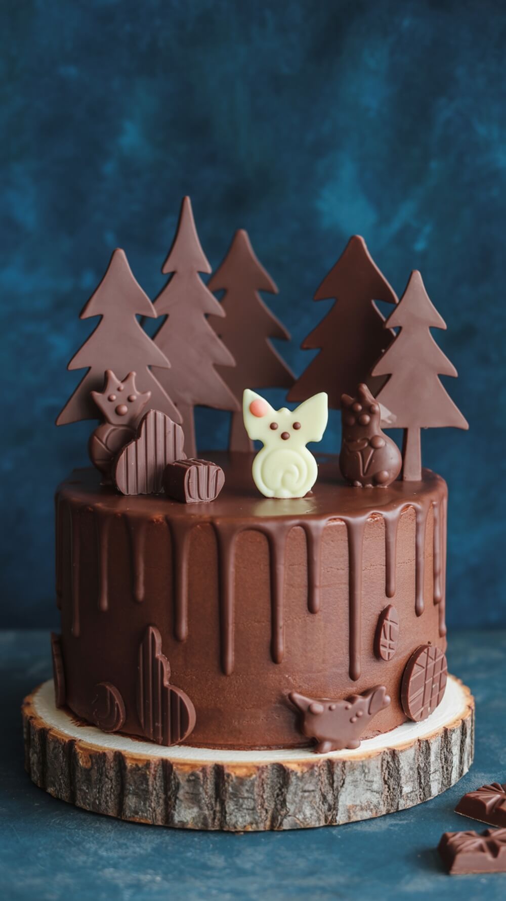 A chocolate forest cake decorated with chocolate trees and animal figures, set on a wooden base.