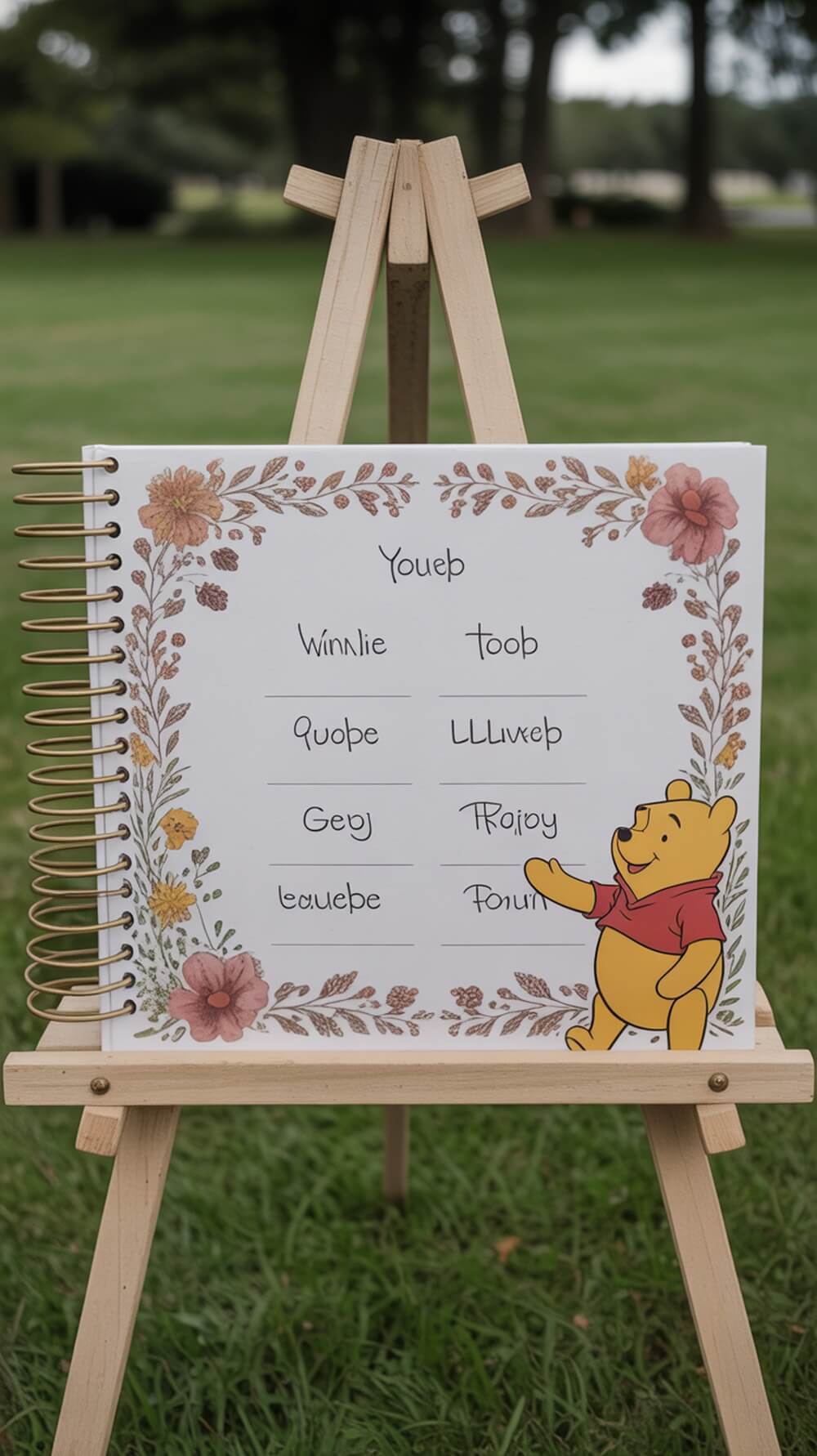 A guest book with Winnie the Pooh illustrations, featuring floral designs and spaces for guests to write their names and messages.