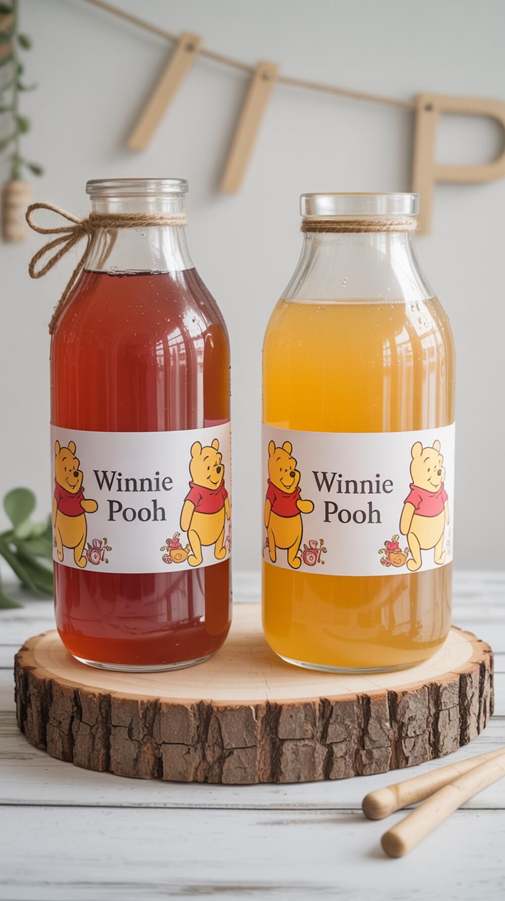 Two glass bottles with Winnie the Pooh themed labels, one filled with red drink and the other with yellow drink, placed on a wooden slice.