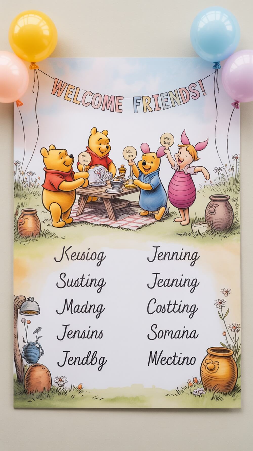 Themed seating cards for a Winnie the Pooh baby shower, featuring a colorful poster with Pooh and friends and handwritten names.