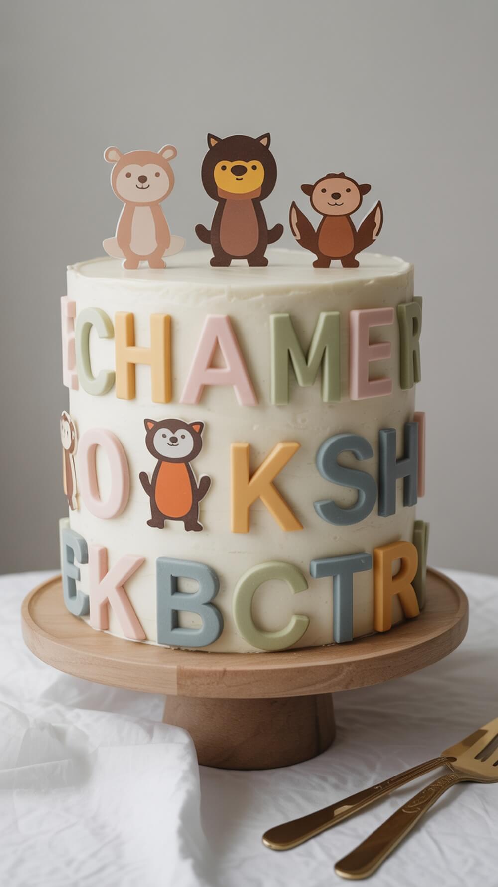 A colorful animal-themed cake with animal figurines and alphabet letters.