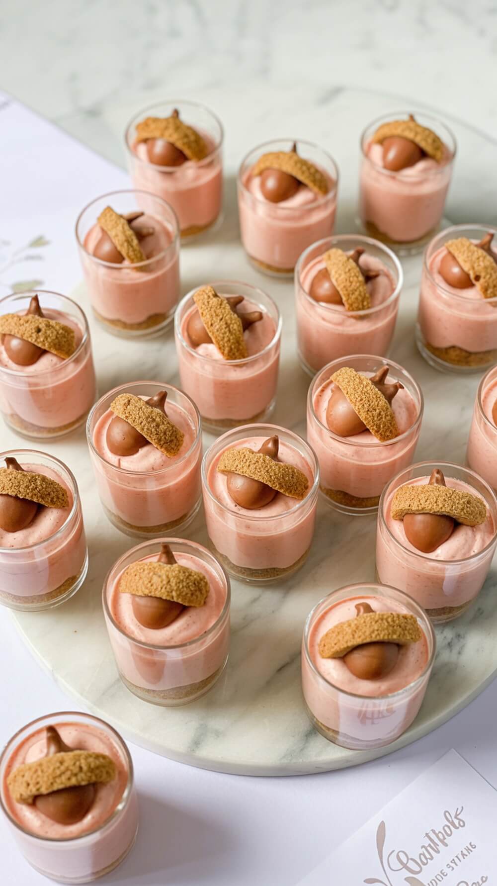 Piglet's Pink Parfaits in small cups with acorn cookies on top