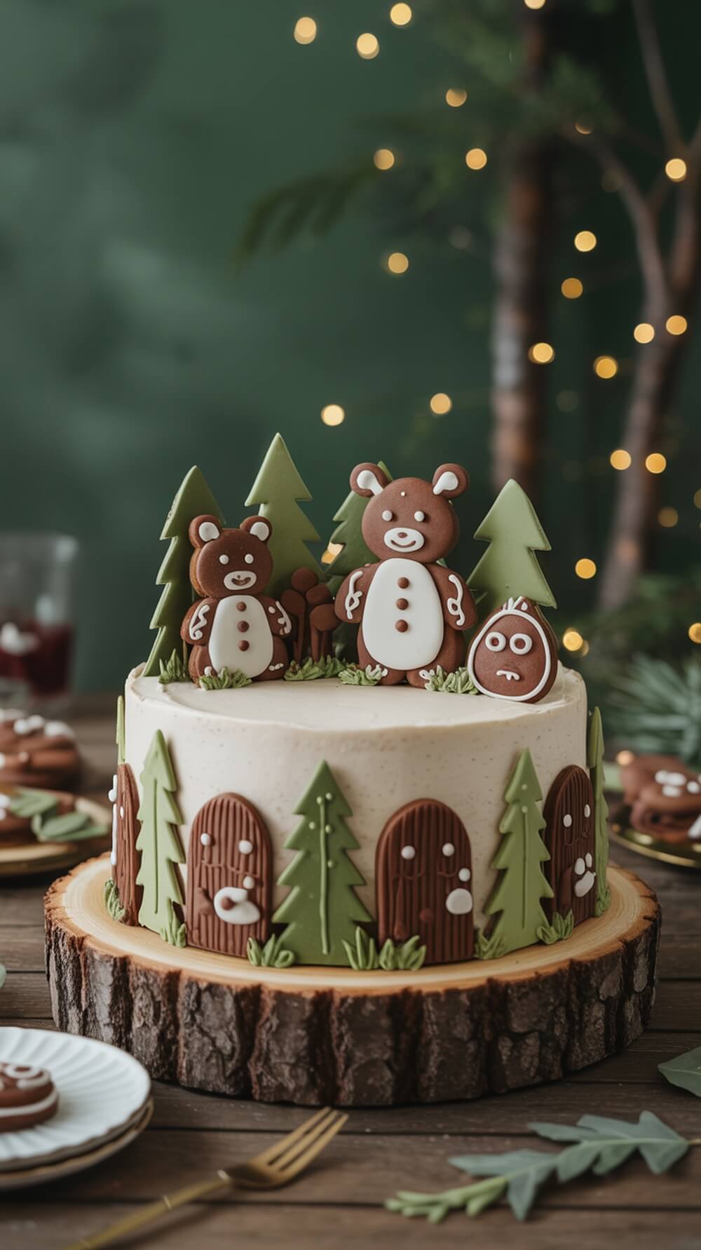 A beautifully decorated woodland themed cake featuring gingerbread bears and trees.