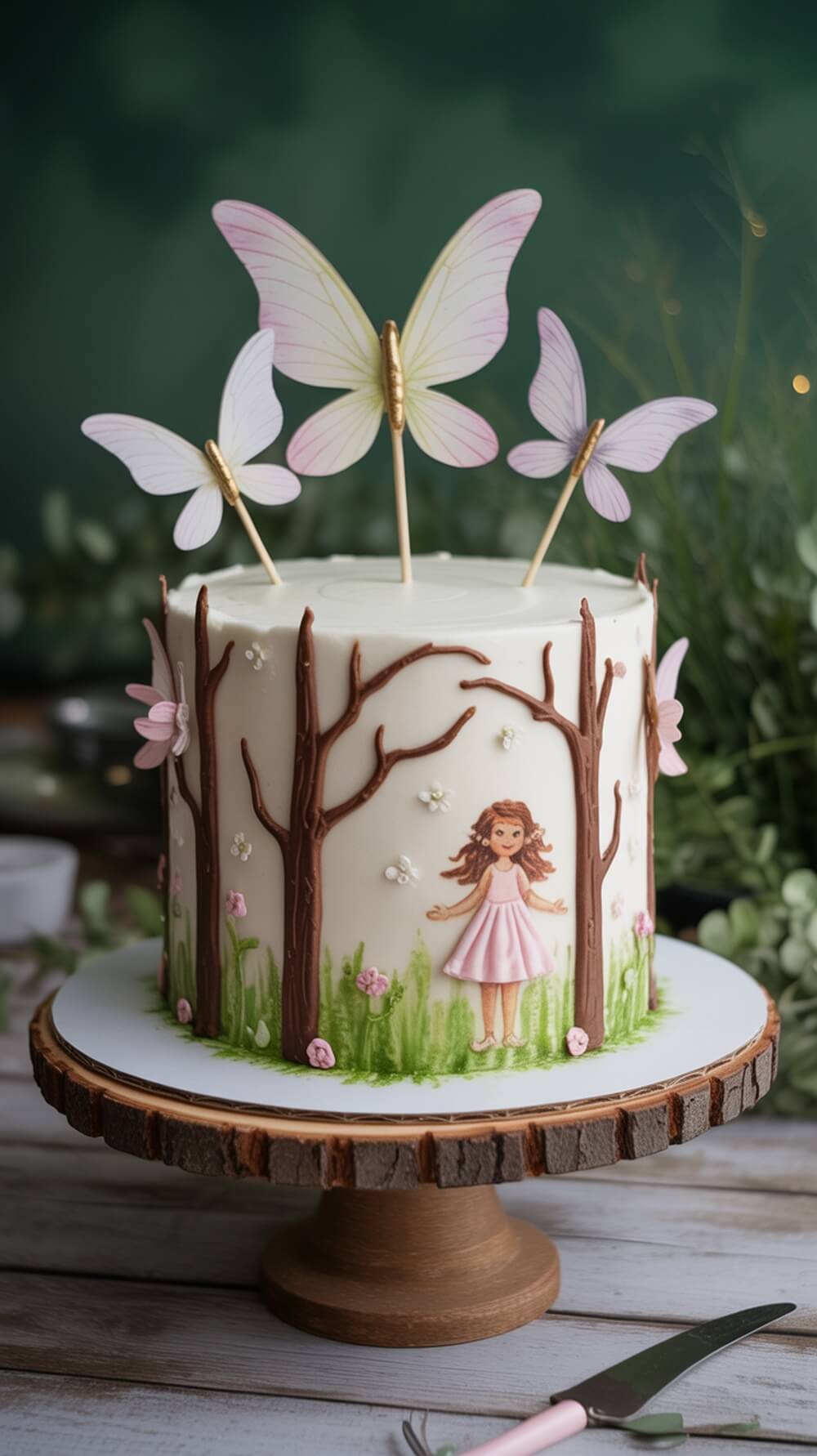 A beautifully decorated woodland themed cake featuring a fairy, trees, and butterflies.
