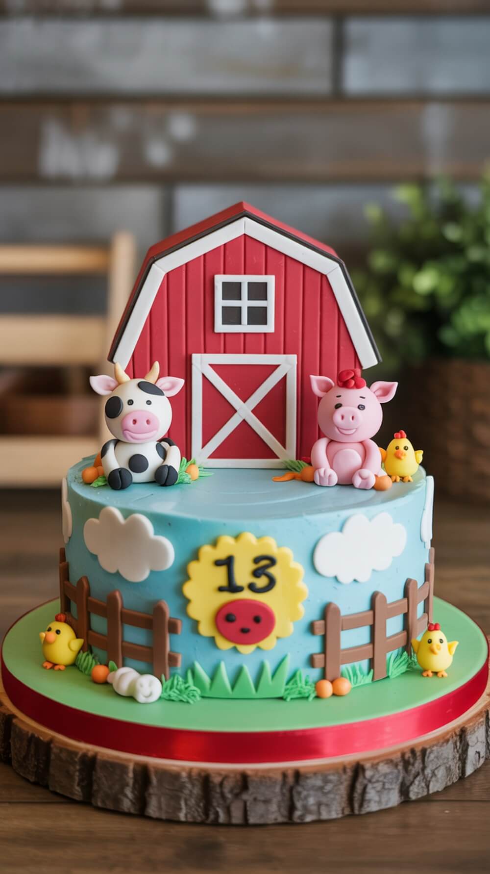 A colorful farmyard themed cake with a red barn, cow, pig, and chicks.