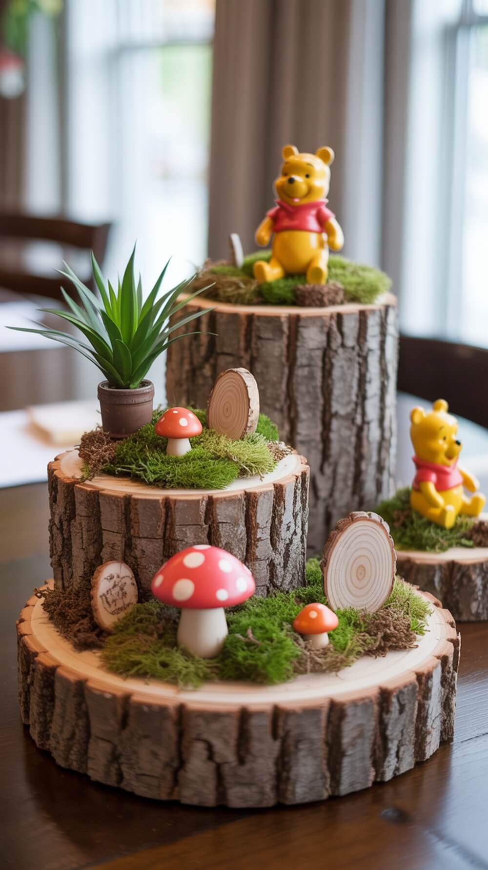 A whimsical Tree Stump Woodland Centerpiece featuring Winnie the Pooh, mushrooms, and moss.