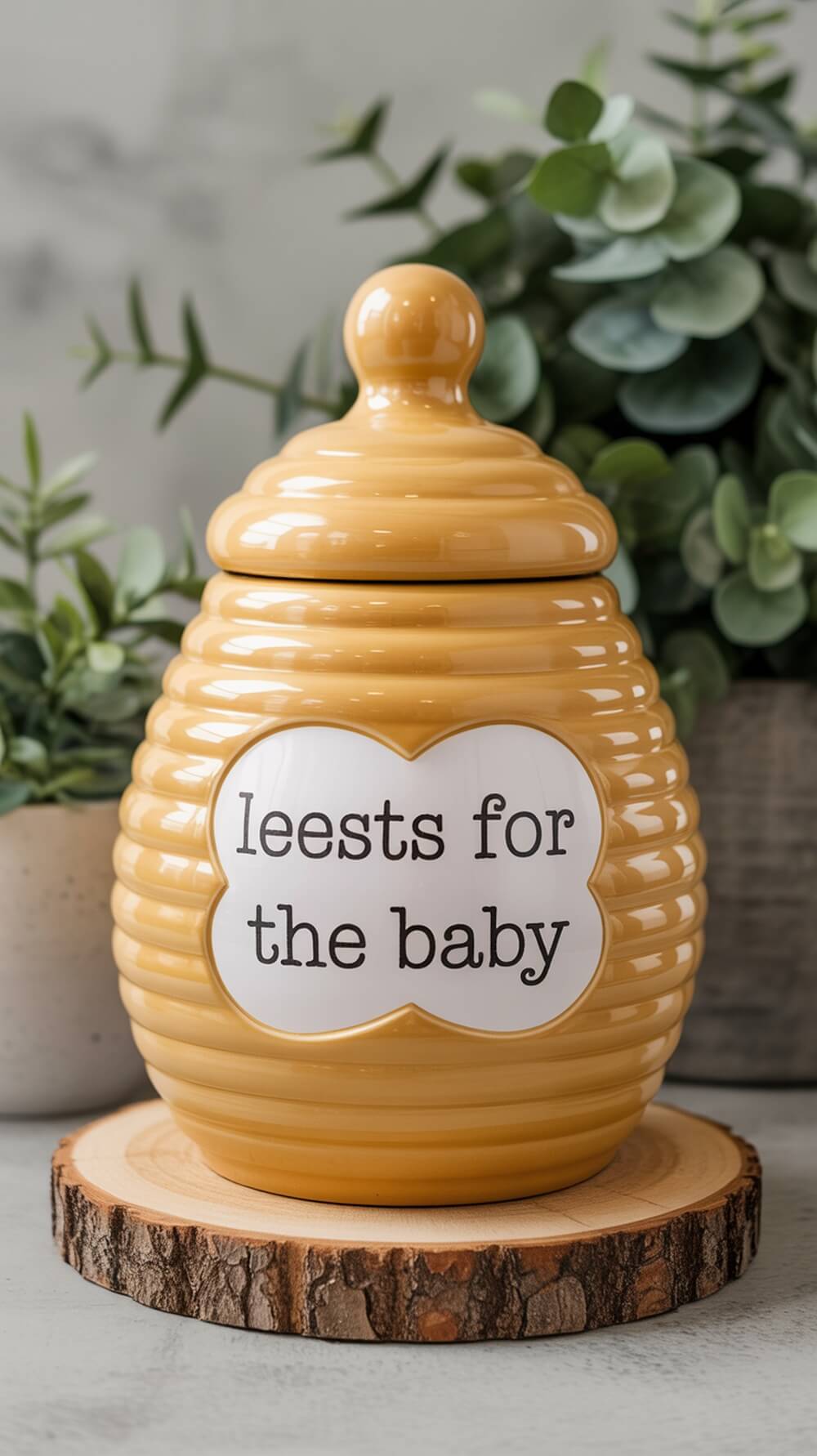 A decorative honey pot guestbook for a baby shower, labeled 'Wishes for the Baby'.