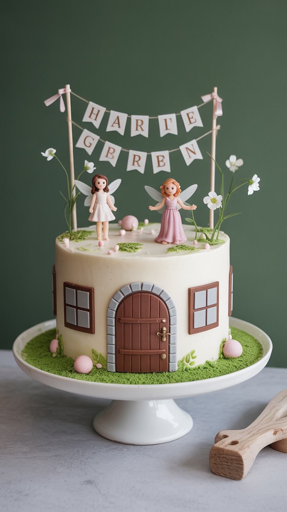 A whimsical woodland themed baby shower cake featuring fairy figurines, a small house, and decorative flowers.