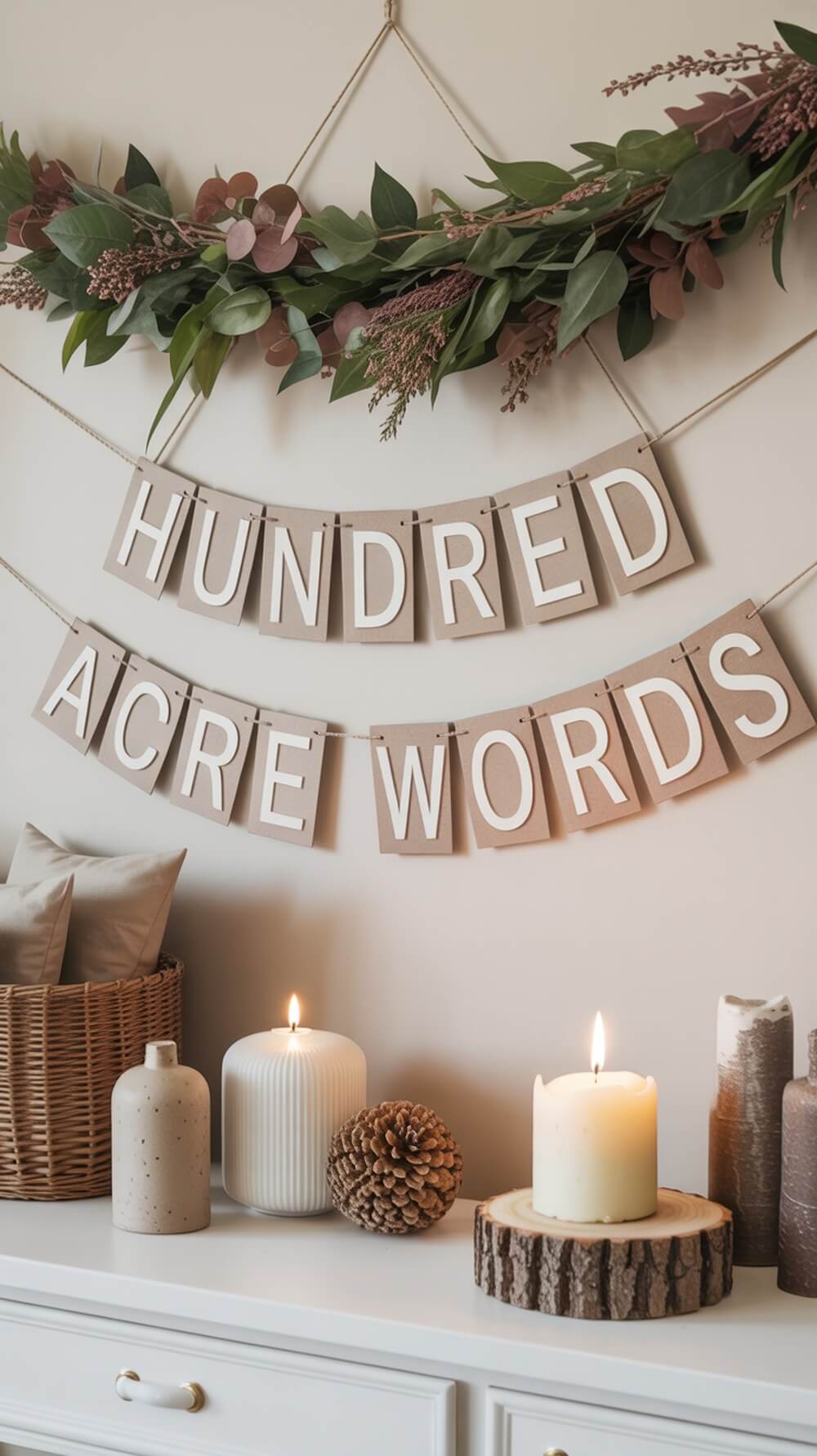 A cozy nature-inspired decoration setup featuring a garland, candles, and rustic elements.