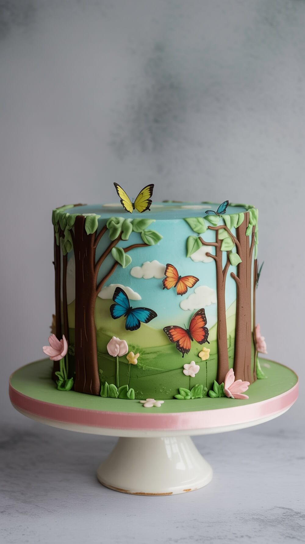 A woodland themed baby shower cake featuring trees, butterflies, and flowers.