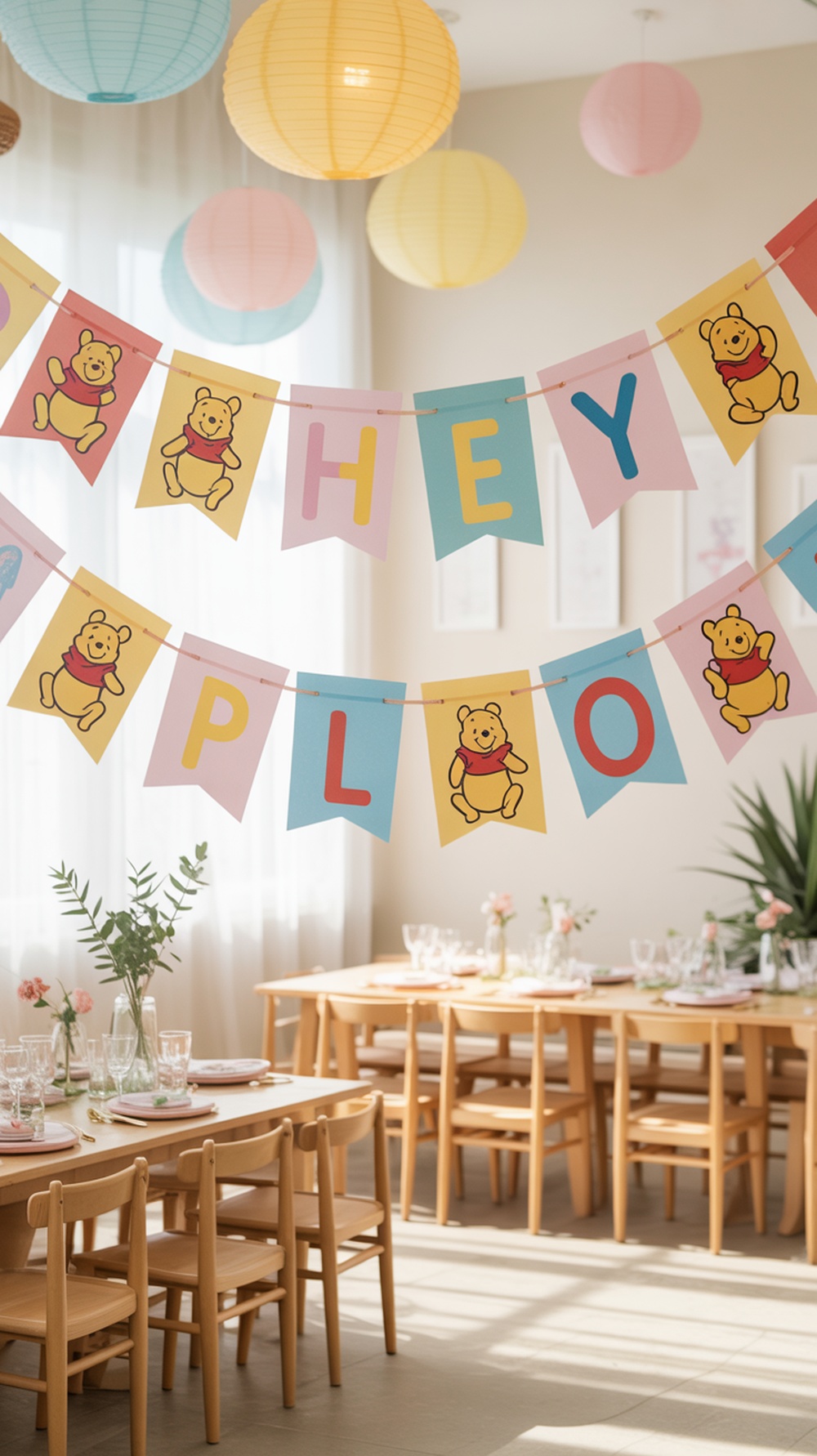 Colorful Pooh Bear bunting hanging in a decorated room for a baby shower.