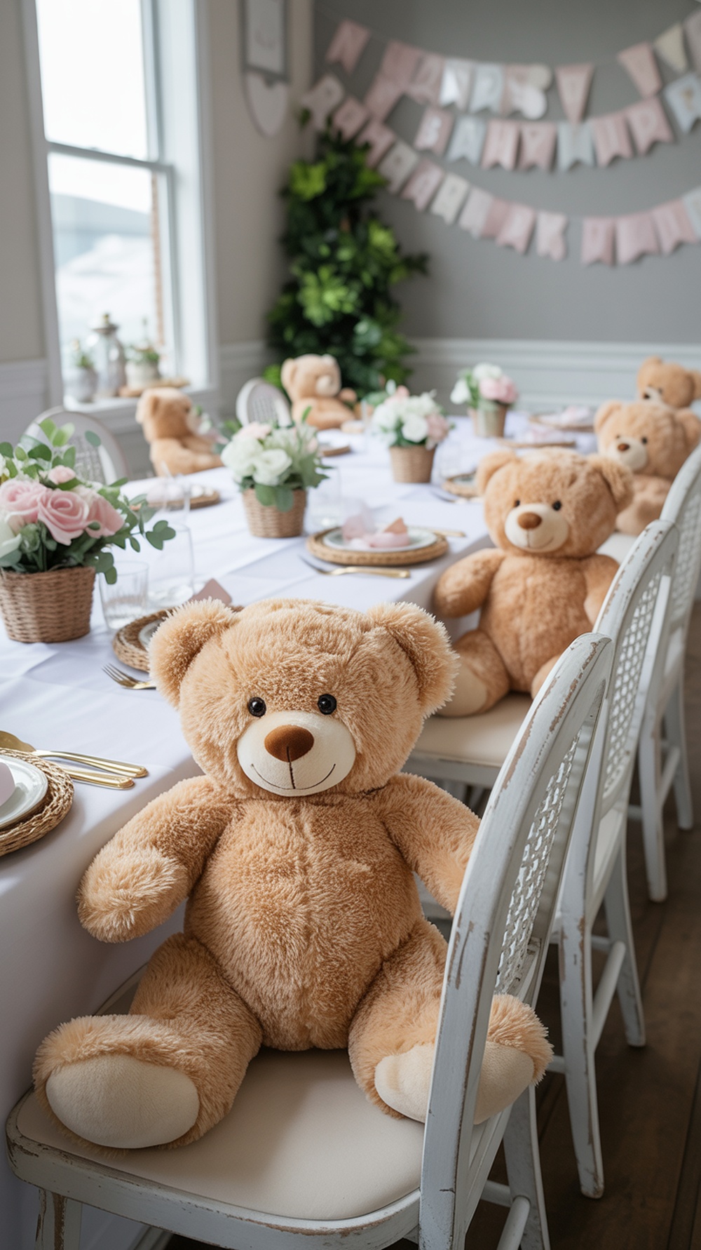 A beautifully arranged table for a baby shower featuring teddy bears as seating arrangements, decorated with flowers and elegant tableware.