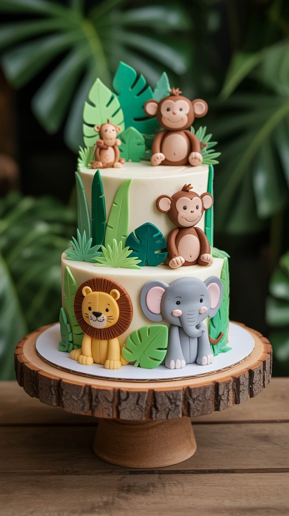 A three-tiered safari jungle cake decorated with animal figurines including monkeys, a lion, and an elephant, surrounded by green leaves.