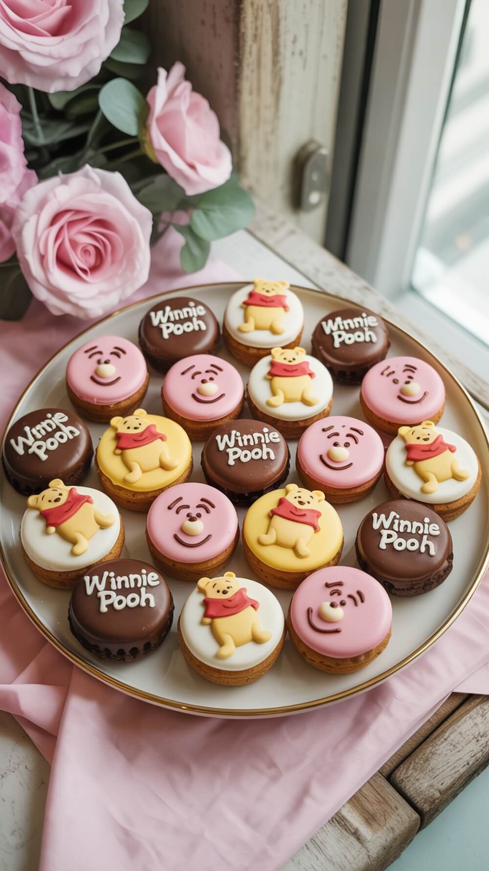 A platter of Winnie the Pooh themed cookies featuring various designs and colors.