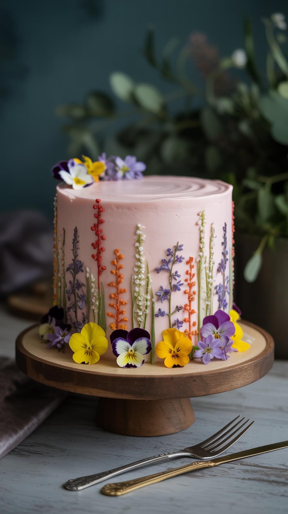 A pink cake decorated with various edible flowers, showcasing a woodland theme.