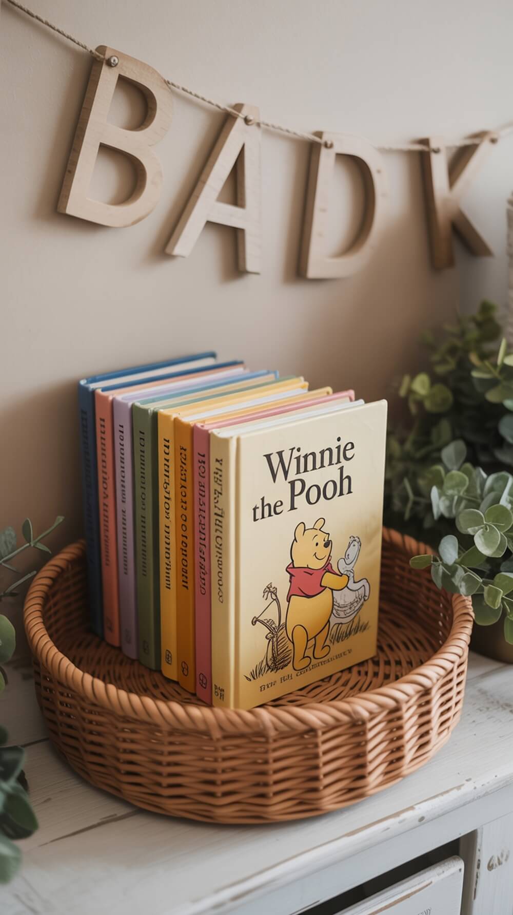 A cozy display of Winnie the Pooh books in a basket, adding charm to a baby shower.