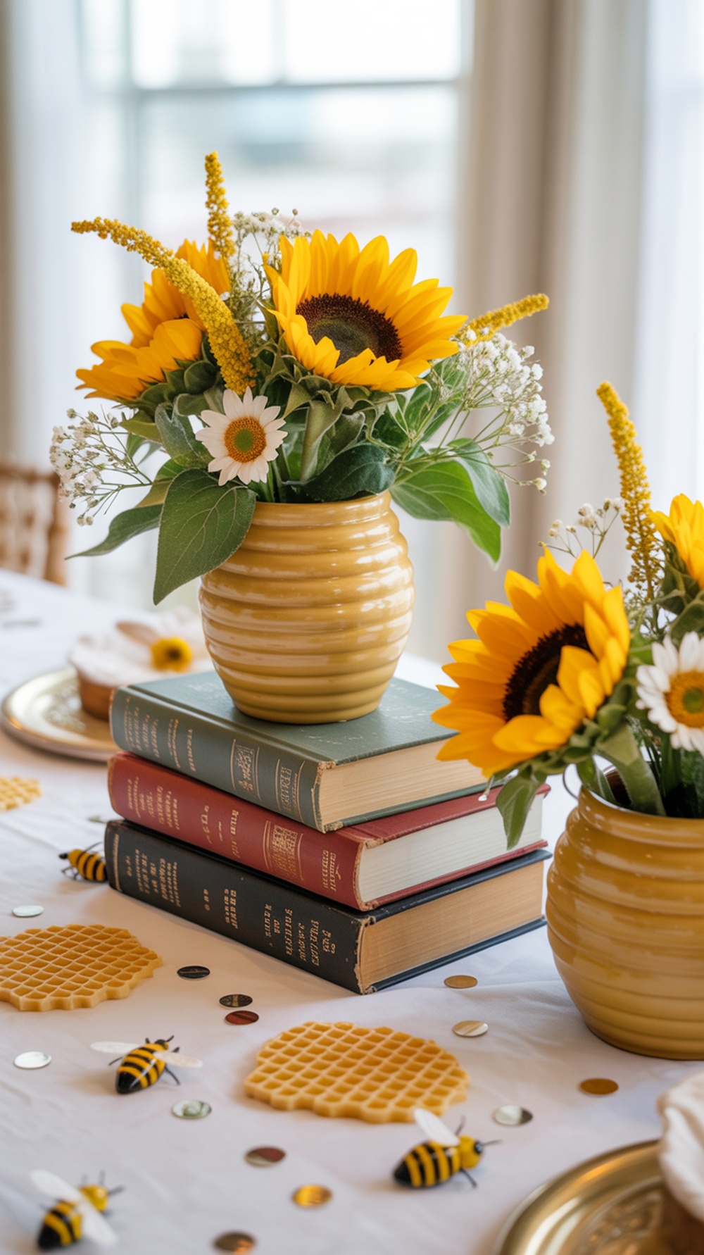 A vibrant centerpiece featuring sunflowers in a honey-colored vase, placed on stacked storybooks with honeycomb decorations.