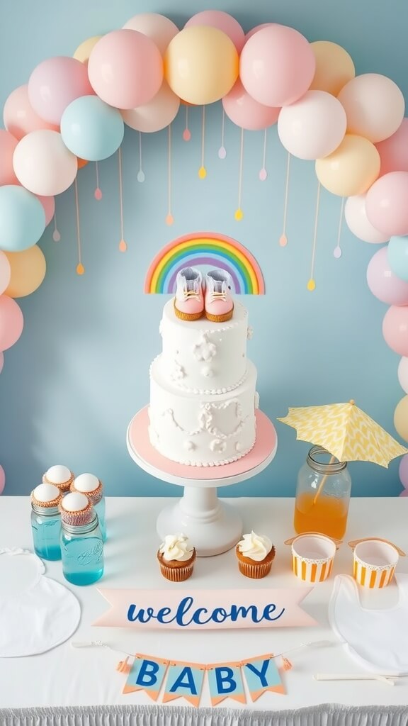 A colorful baby shower setup with a tiered cake, cupcakes, and a rainbow arch.