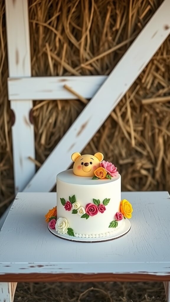 A Winnie the Pooh themed cake decorated with flowers, set against a rustic barn door backdrop.