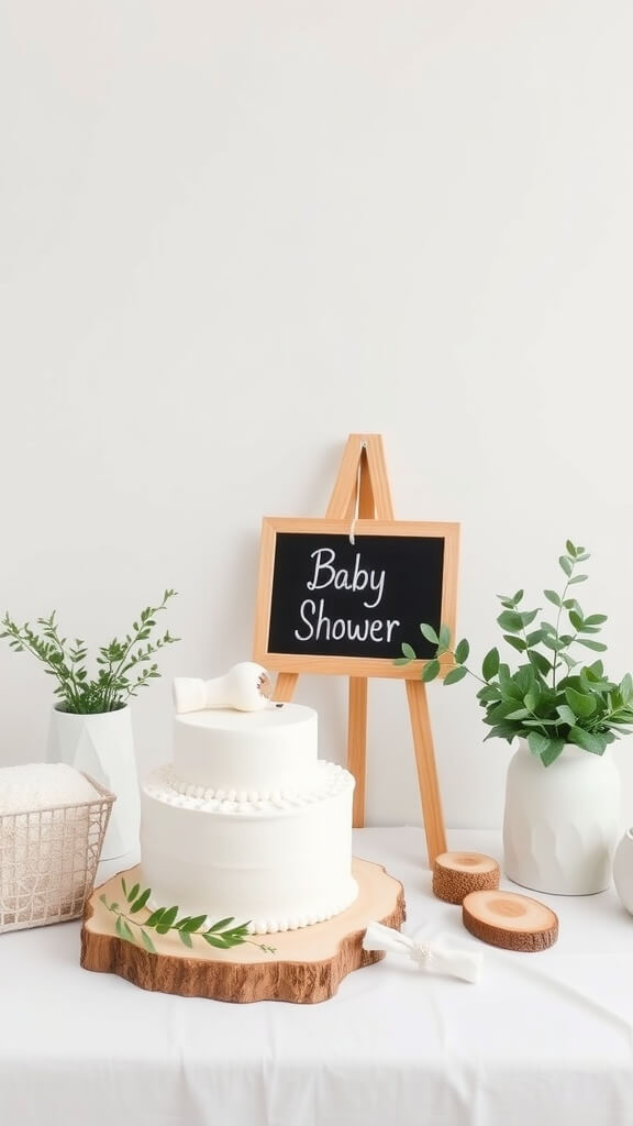 A beautifully arranged baby shower table featuring a white cake, greenery, and a chalkboard sign.