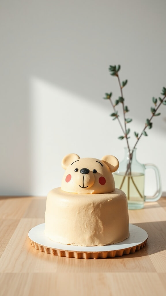 A minimalist Winnie the Pooh cake with a cute bear face, set on a wooden table.