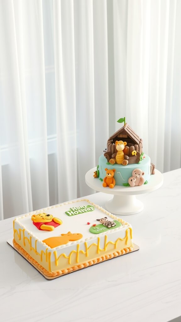Two Winnie The Pooh themed cakes on a marble tabletop, one sheet cake and one tiered cake with playful decorations.