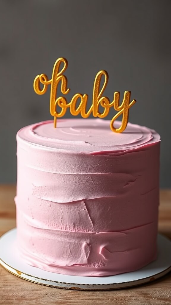 A simple pink baby shower cake with a gold 'oh baby' topper.