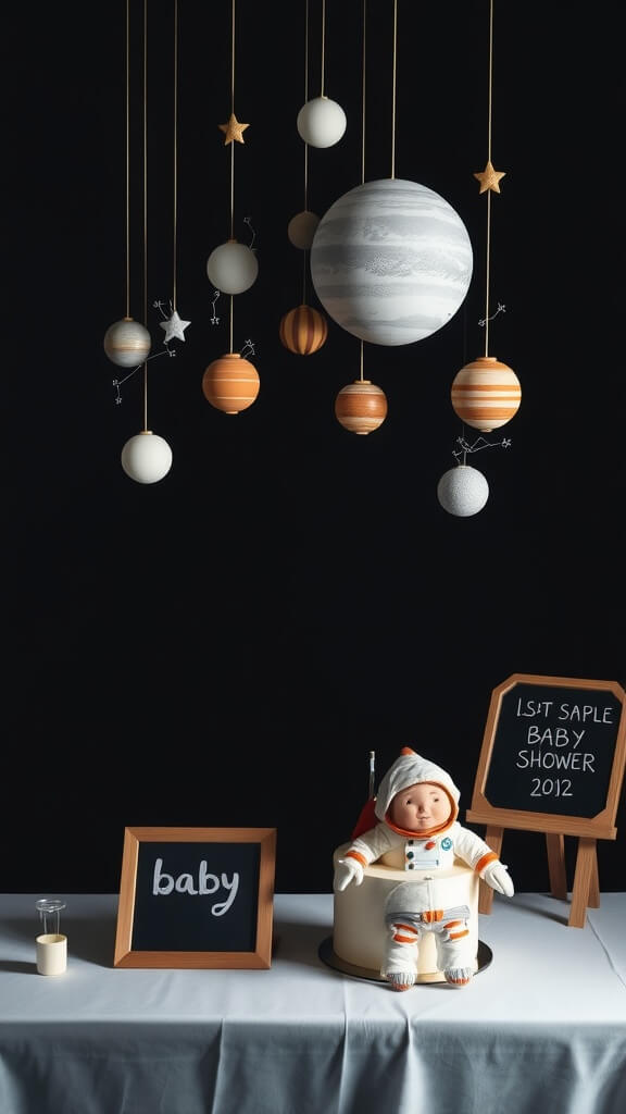 A solar system themed baby shower setup featuring hanging planets, a cake, and personalized signage.