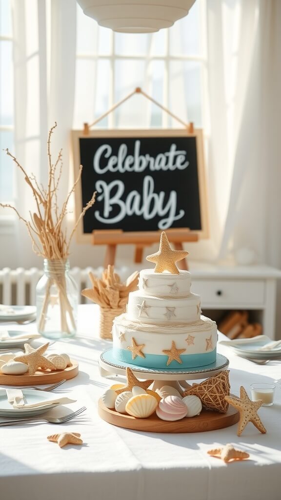 A beautifully arranged baby shower table featuring a star-themed cake, seashell cookies, and decorative elements like driftwood and chalkboard signage.