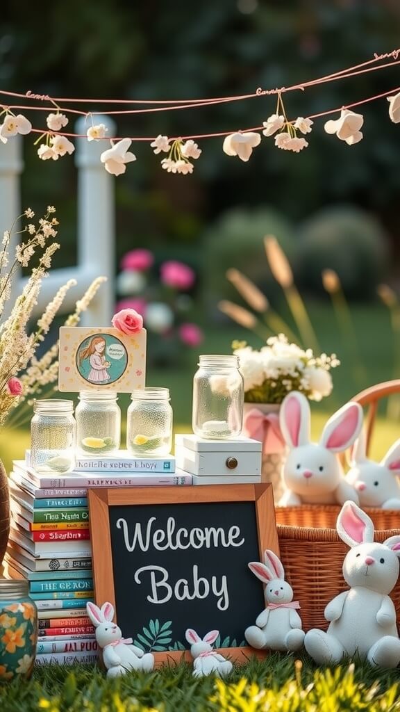 A charming setup for a storybook garden baby shower featuring potted plants, book stacks, and plush bunnies.