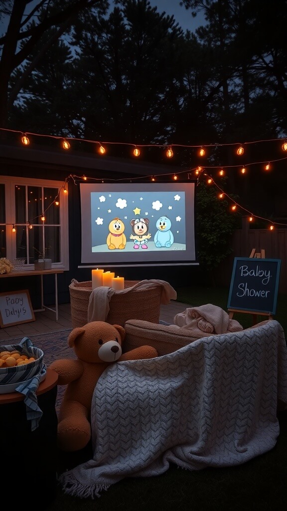 Outdoor baby shower setup with a projector, cozy seating, and fairy lights.
