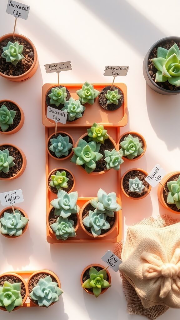 An arrangement of small succulent plants in pots with labels, showcasing a succulent station for a baby shower.