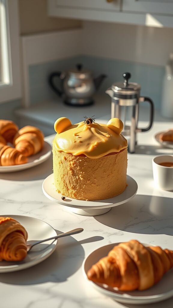 A honeypot cake inspired by Winnie the Pooh, surrounded by croissants and coffee on a kitchen counter.